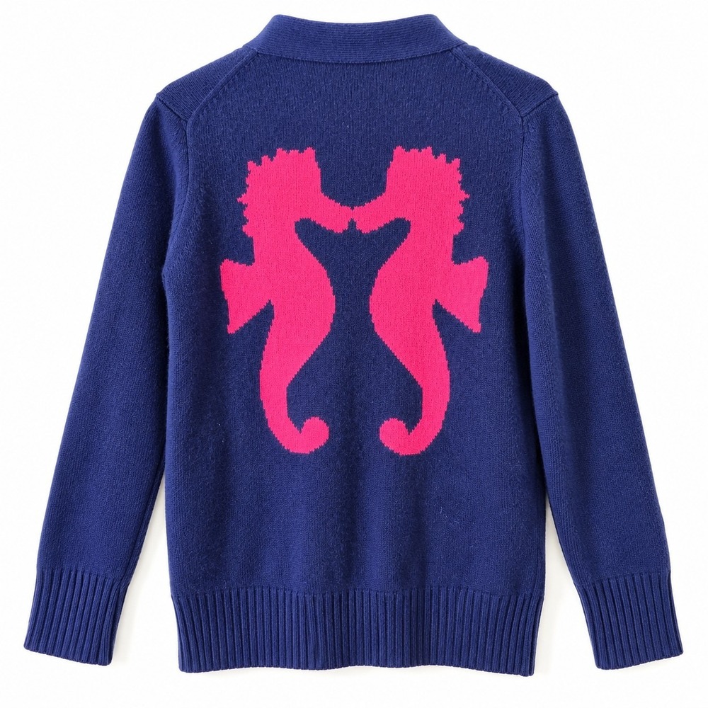 Seaton 100% Cashmere Seahorse Cardigan Navy Pink Nautical Coastal Sweater